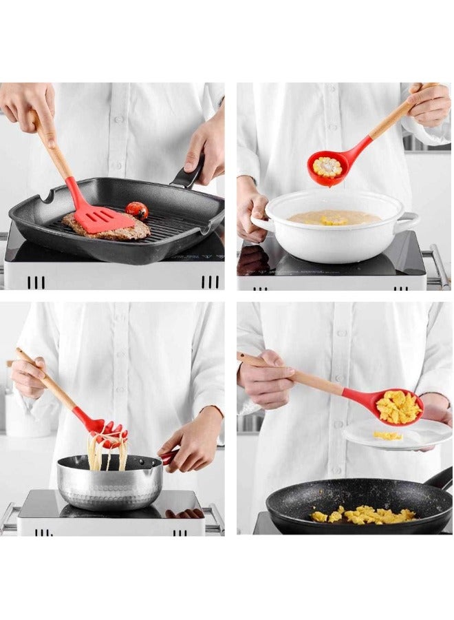 شو وو مجموعة أدوات طهي من السيليكون المقاوم للحرارة وغير اللاصق، مكونة من 11 قطعة، أحمر/فضي، مقاس واحد - Image 4