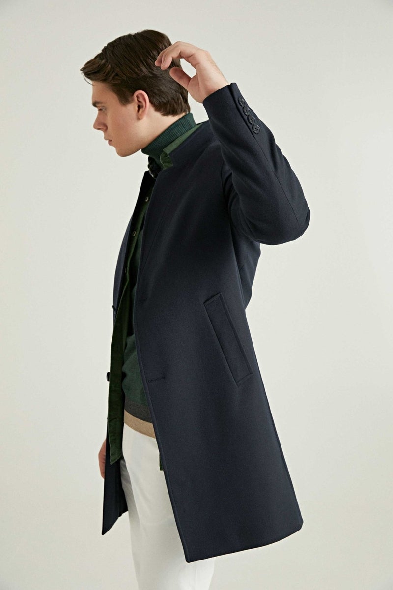 twn Slim Fit Navy Blue Single Slit Viscose Coat  - Image 3