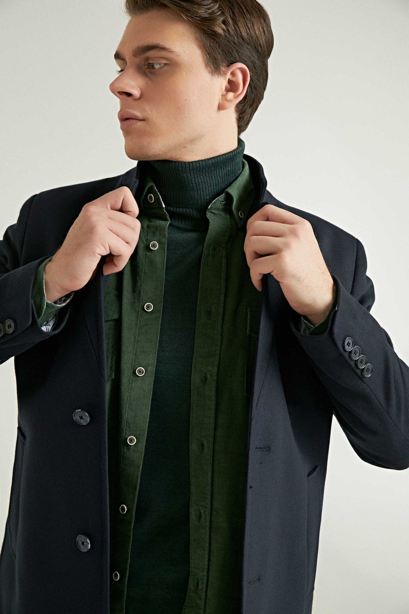 twn Slim Fit Navy Blue Single Slit Viscose Coat  - Image 2