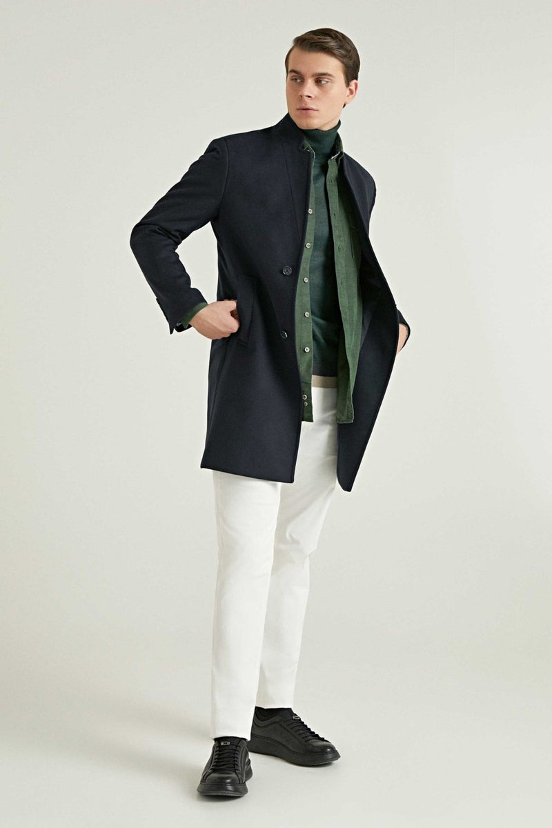 twn Slim Fit Navy Blue Single Slit Viscose Coat  - Image 1