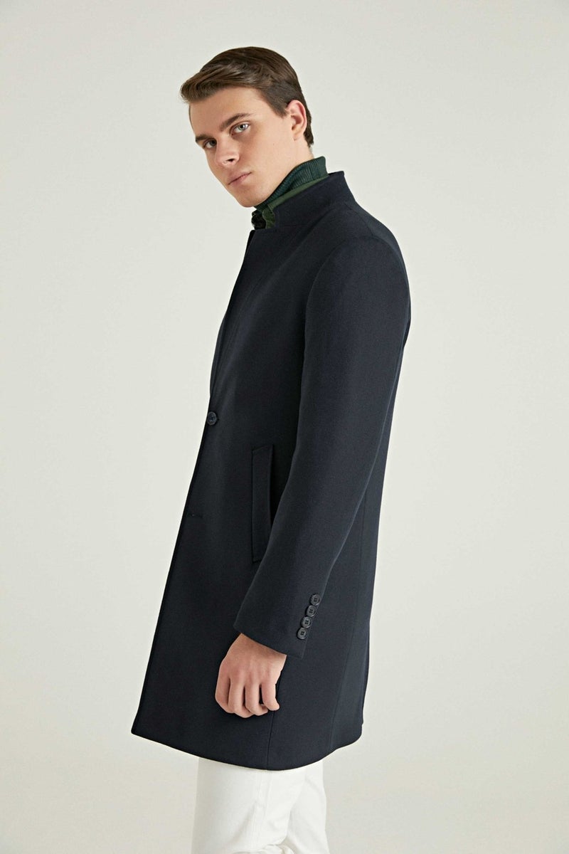 twn Slim Fit Navy Blue Single Slit Viscose Coat  - Image 4