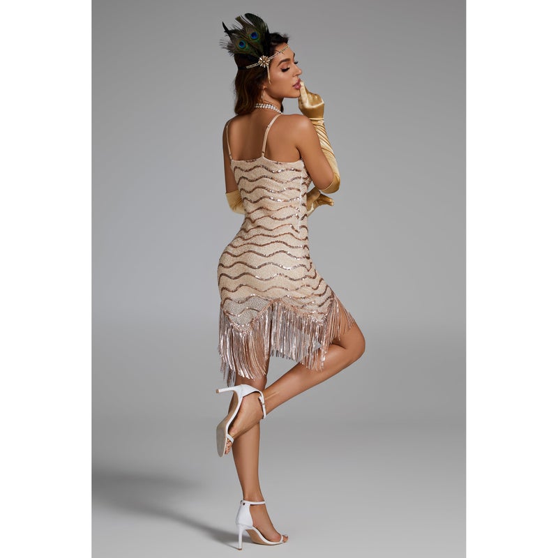 Pixiemain Women's 1920s Flapper Sequin Dress for Great Gatsby Theme Party Dress With Roaring 20s Accessories Set for Party Champagne XS - Image 4