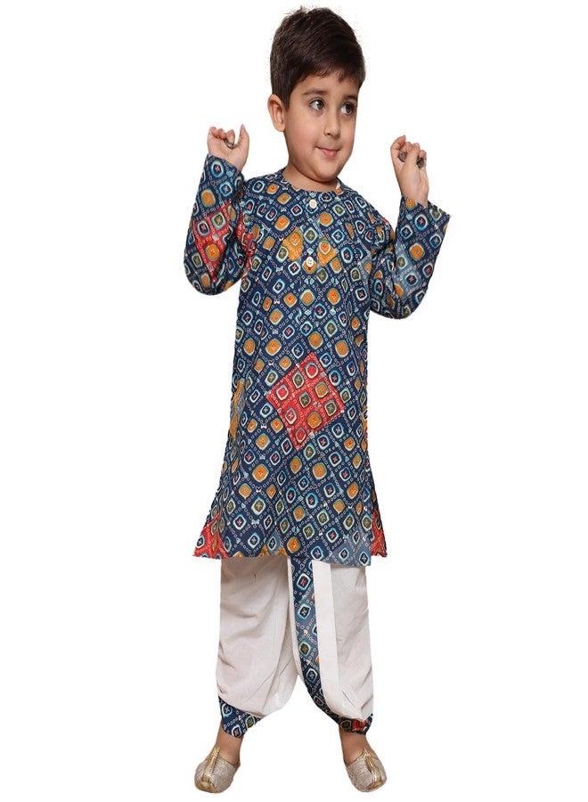 AJ DEZINES Kids Bandhani Print Pure Cotton Dhoti Kurta Set For Boys (Blue, 12-18 Months) - Image 1