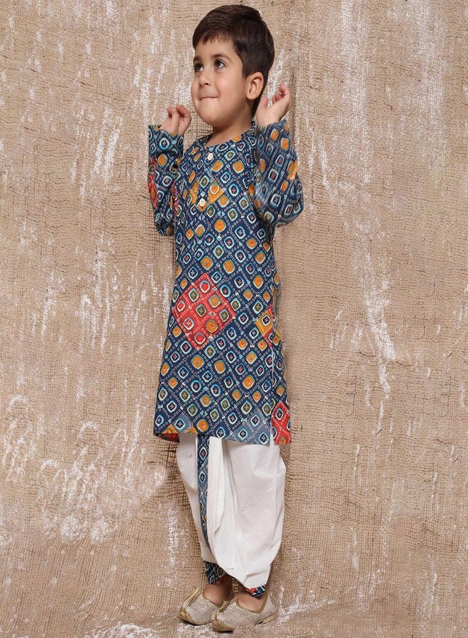 AJ DEZINES Kids Bandhani Print Pure Cotton Dhoti Kurta Set For Boys (Blue, 12-18 Months) - Image 5