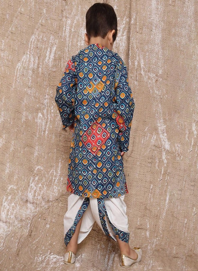 AJ DEZINES Kids Bandhani Print Pure Cotton Dhoti Kurta Set For Boys (Blue, 12-18 Months) - Image 2