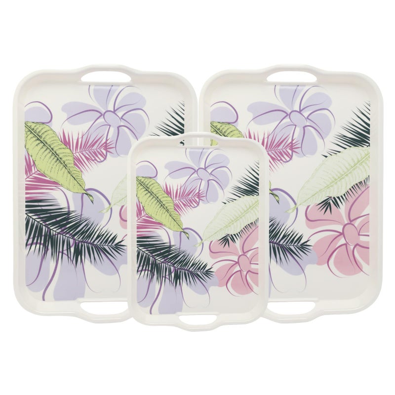 Soleter 3-Piece Floral Printed Serving Tray Set – Rectangular Melamine Trays with Tropical Design (Purple & Pink Flowers, Palm Leaves), Integrated Handles, Premium Home Decor for Entertaining, Weddings & Special Occasions - Image 1