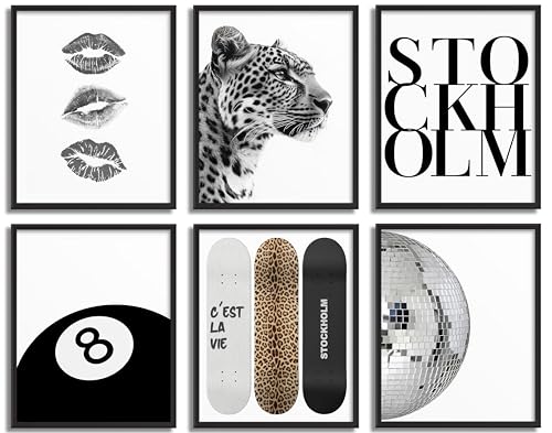 LRTNMTJ Fashion Trendy Leopard Wall Art Set of 6 Stockholm Preppy Room Painting Picture Wall Decor Black White Aesthetic Cheetah Poster Print Artwork for Girls Bedroom Dorm Apartment Home Decoration Unframed - Image 1