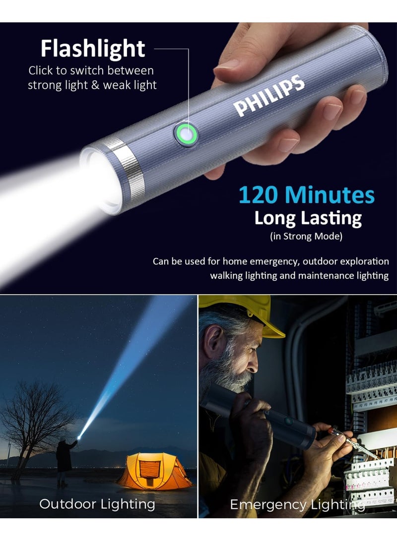 Philips Portable LED Torch Light with Side Camping Light | 400 Lumens Brightness | 150M Beam Range | 4 Lighting Modes | Hidden Type-C Rechargeable | Stepless Dimming | Anti-Drop Handheld Flashlight for Home, Camping, Hiking & Emergency Use grey - Image 2
