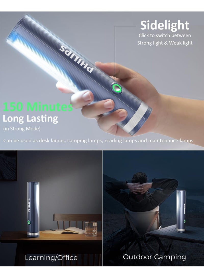 Philips Portable LED Torch Light with Side Camping Light | 400 Lumens Brightness | 150M Beam Range | 4 Lighting Modes | Hidden Type-C Rechargeable | Stepless Dimming | Anti-Drop Handheld Flashlight for Home, Camping, Hiking & Emergency Use grey - Image 3