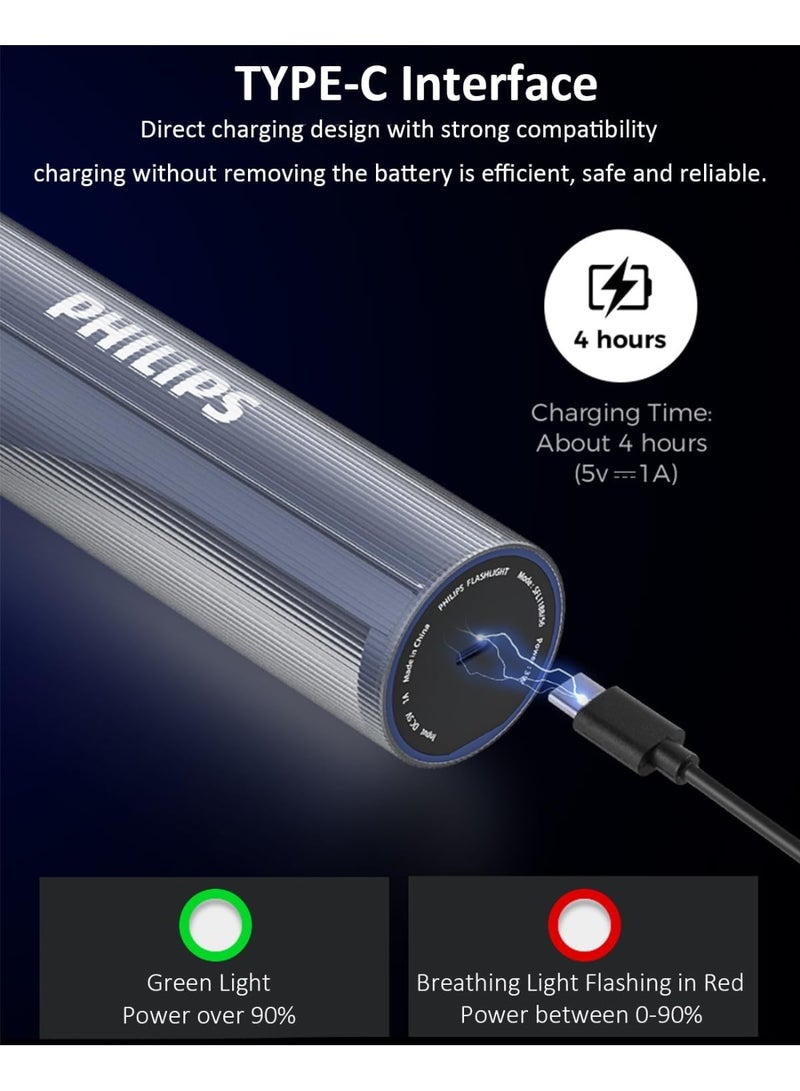 Philips Portable LED Torch Light with Side Camping Light | 400 Lumens Brightness | 150M Beam Range | 4 Lighting Modes | Hidden Type-C Rechargeable | Stepless Dimming | Anti-Drop Handheld Flashlight for Home, Camping, Hiking & Emergency Use grey - Image 5