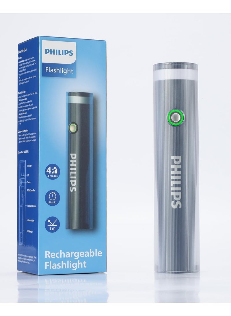 Philips Portable LED Torch Light with Side Camping Light | 400 Lumens Brightness | 150M Beam Range | 4 Lighting Modes | Hidden Type-C Rechargeable | Stepless Dimming | Anti-Drop Handheld Flashlight for Home, Camping, Hiking & Emergency Use grey - Image 1