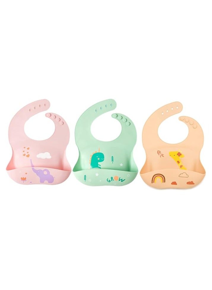 Pixie Baby Silicone Bibs Easily Clean Pack of 3, Soft Adjustable Waterproof Toddler Silicone Bibs for Babies Girl and Boy Elephant, Dinosaur, Giraffe, Multi Color - Image 1