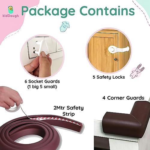 KidDough Baby Safety Proofing Kit - Furniture Edge Protector, Safety Locks, Corner Guards for Sharp Edges, Socket Guards and More, All-in-One Baby Proofing Products (2 mtr Brown Edge Protector Kit) - Image 3