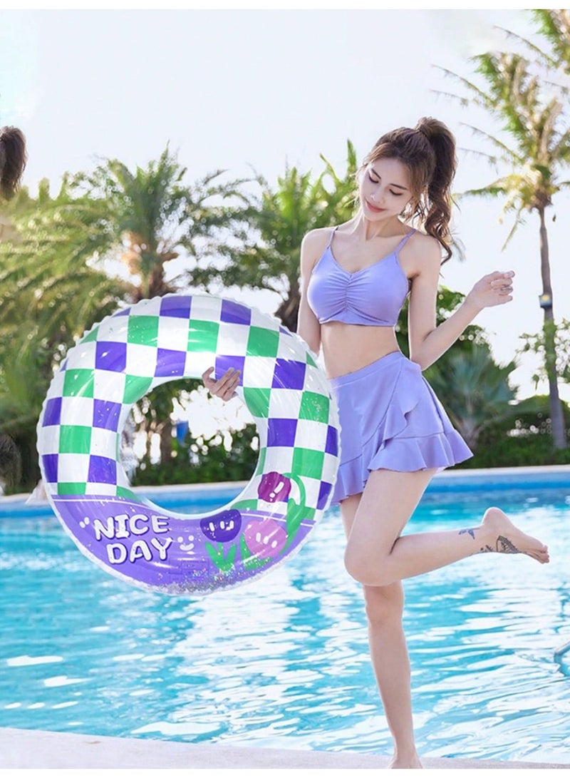70# Inflatable Swim Ring, Purple Green Checkered Sequined Pool Float with Tulip Print, Cute Swimming Ring for Kids & Adults - Image 5
