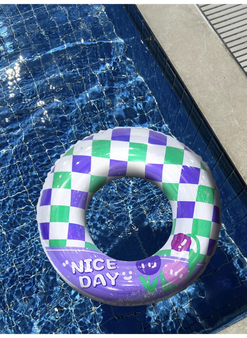 70# Inflatable Swim Ring, Purple Green Checkered Sequined Pool Float with Tulip Print, Cute Swimming Ring for Kids & Adults - Image 1
