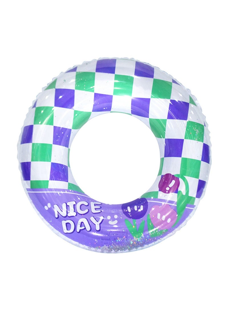 70# Inflatable Swim Ring, Purple Green Checkered Sequined Pool Float with Tulip Print, Cute Swimming Ring for Kids & Adults - Image 2