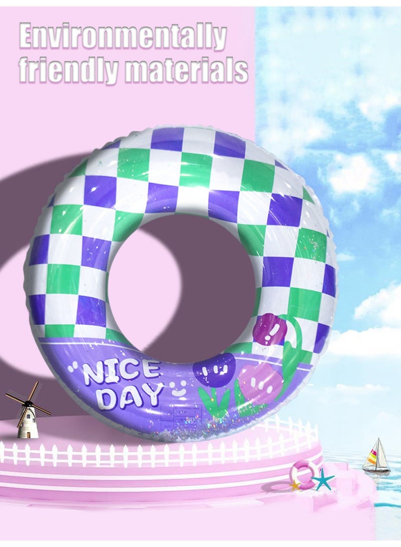 70# Inflatable Swim Ring, Purple Green Checkered Sequined Pool Float with Tulip Print, Cute Swimming Ring for Kids & Adults - Image 4