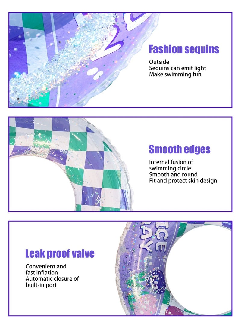 70# Inflatable Swim Ring, Purple Green Checkered Sequined Pool Float with Tulip Print, Cute Swimming Ring for Kids & Adults - Image 3