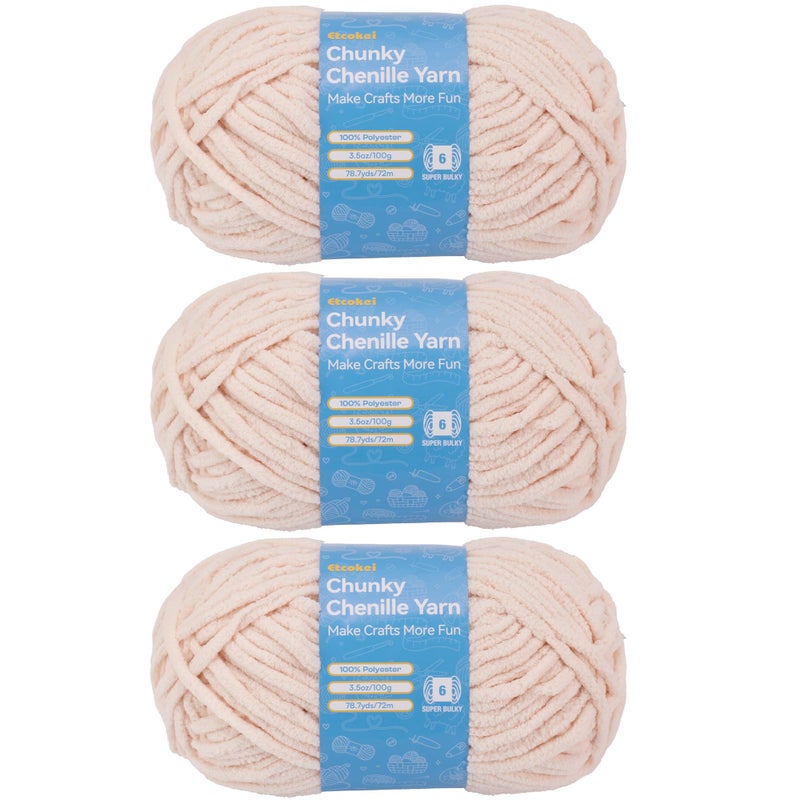 Etcokei Chenille Yarn #6, Super Bulky Blanket Yarn for Crocheting & Knitting, Extra Soft Chunky Thick Yarn, Easy to Crochet, Perfect for Amigurumi, Baby Blankets, DIY Home Decor, 3Skeins(300g/10.5oz), Beige - Image 1