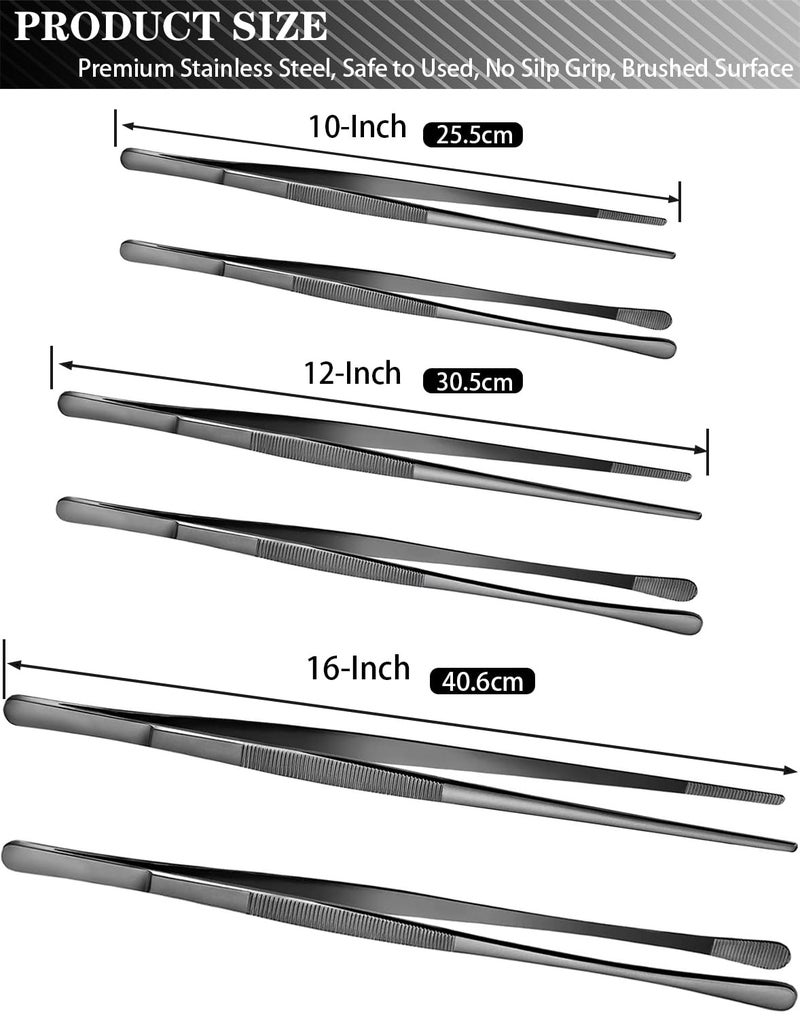 JETKONG 2 Pcs 12-Inch Kitchen Tweezers Tongs with Precision Serrated Tips, Stainless Steel Chef Tweezer Professional Cooking Tweezers for BBQ, Plating and Serving (12-Inch, Black) - Image 3