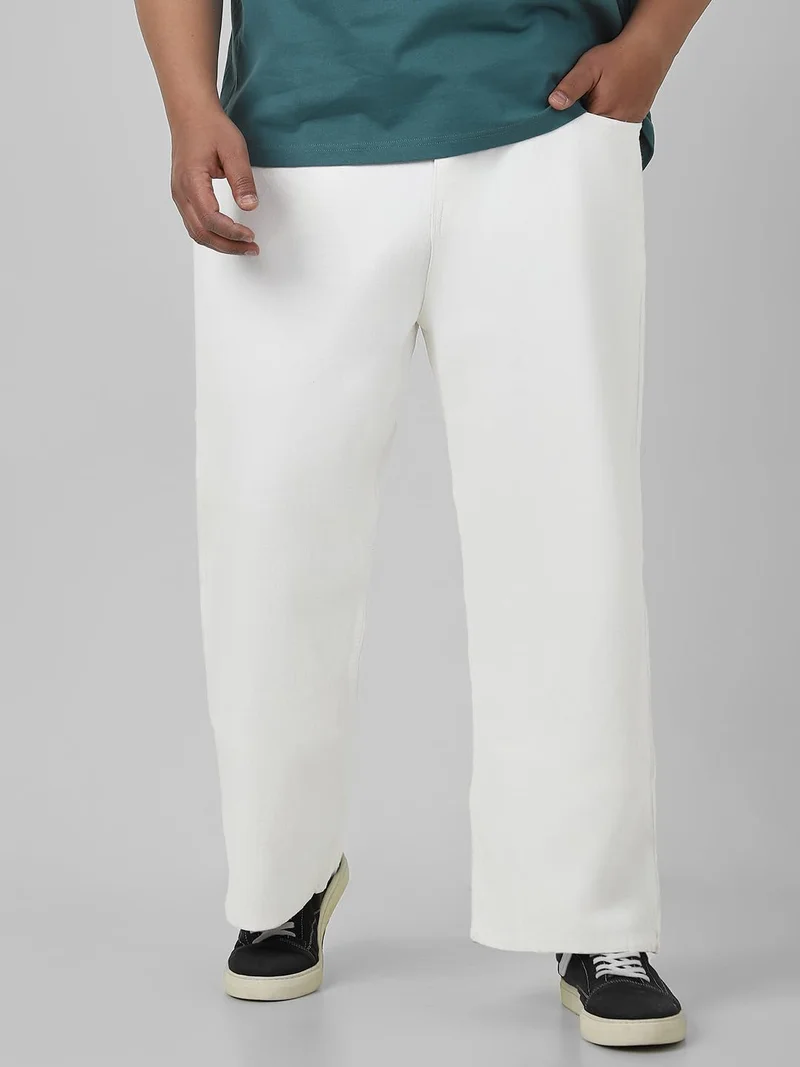 Urbano Plus Men's White Loose Fit Washed Jeans Non-Stretchable