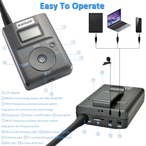EXMAX E108 DSP Stereo Wireless Headsets FM Radio Broadcast System for Tour Guide Teaching Meeting Training Travel Field Interpretation 1 Transmitter & 10 Receivers (White) - Image 4
