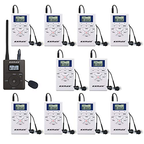 EXMAX E108 DSP Stereo Wireless Headsets FM Radio Broadcast System for Tour Guide Teaching Meeting Training Travel Field Interpretation 1 Transmitter & 10 Receivers (White) - Image 1