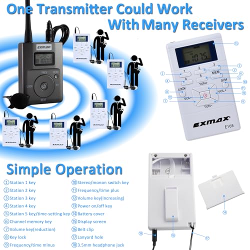 EXMAX E108 DSP Stereo Wireless Headsets FM Radio Broadcast System for Tour Guide Teaching Meeting Training Travel Field Interpretation 1 Transmitter & 10 Receivers (White) - Image 5
