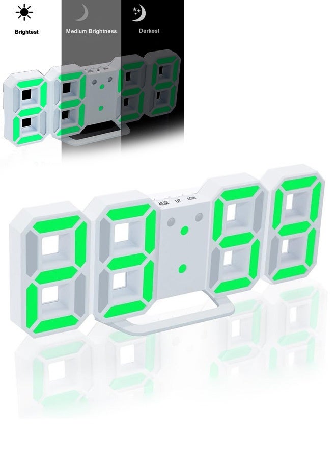 3D Digital Alarm Clock with 3 Adjustable Brightness, 12/24Hr, Snooze, Bedroom Desk Alarm Clock LED Nightlight Digital Wall Clock (White/Green) - Image 1