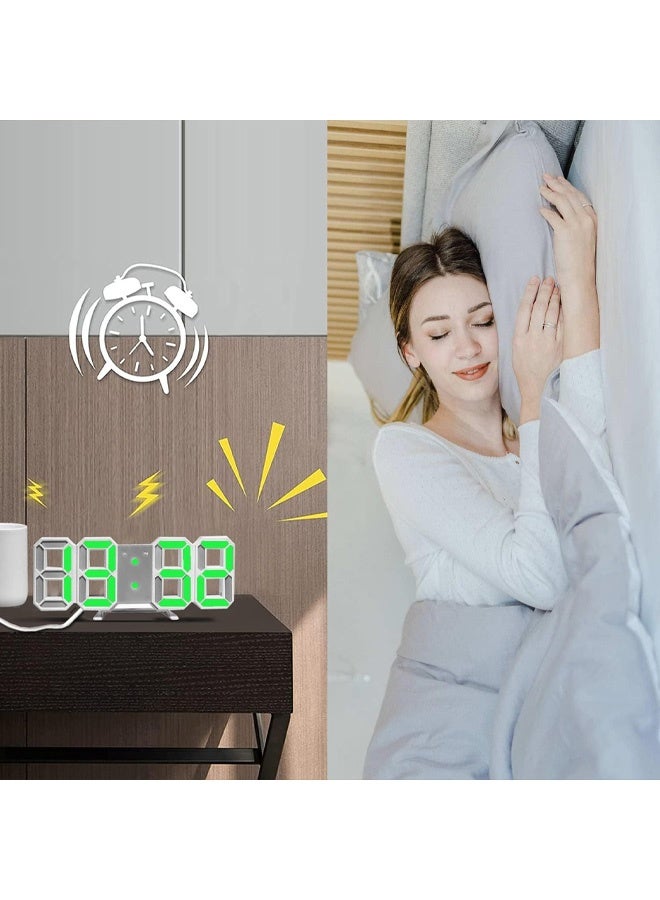 3D Digital Alarm Clock with 3 Adjustable Brightness, 12/24Hr, Snooze, Bedroom Desk Alarm Clock LED Nightlight Digital Wall Clock (White/Green) - Image 2