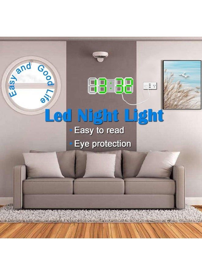 3D Digital Alarm Clock with 3 Adjustable Brightness, 12/24Hr, Snooze, Bedroom Desk Alarm Clock LED Nightlight Digital Wall Clock (White/Green) - Image 3