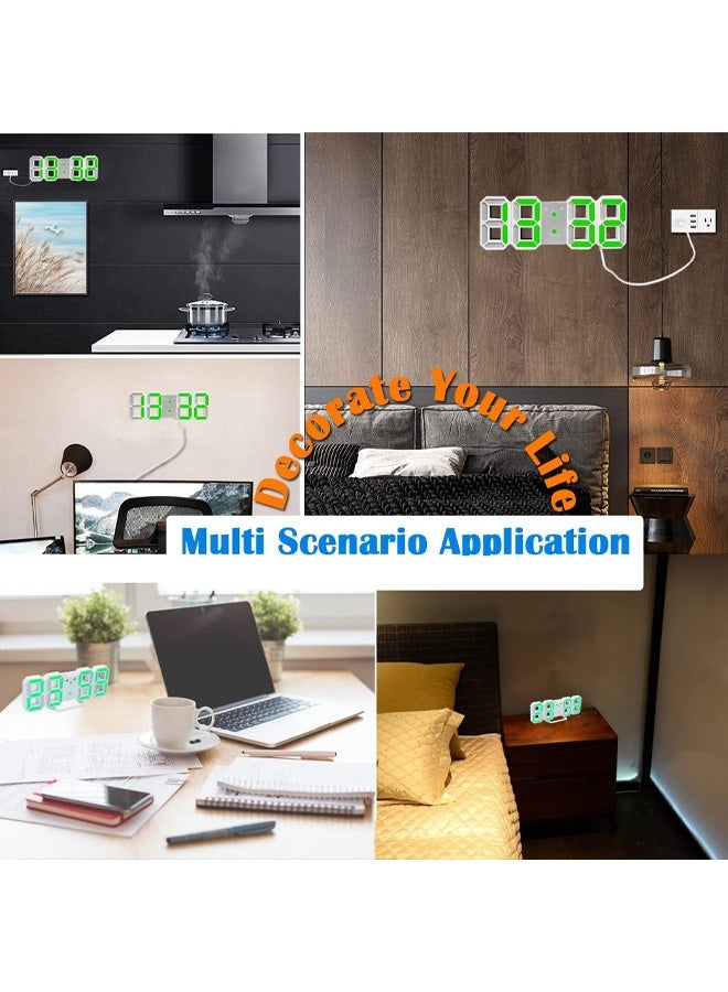 3D Digital Alarm Clock with 3 Adjustable Brightness, 12/24Hr, Snooze, Bedroom Desk Alarm Clock LED Nightlight Digital Wall Clock (White/Green) - Image 5