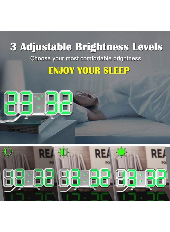 3D Digital Alarm Clock with 3 Adjustable Brightness, 12/24Hr, Snooze, Bedroom Desk Alarm Clock LED Nightlight Digital Wall Clock (White/Green) - Image 4