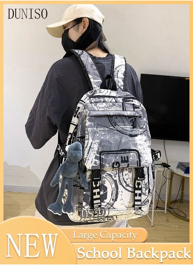 DUNISO School Backpack Large Capacity Multi-pocket Students Backpack School Bag Letter Printed Book Bags Waterproof Wear-resistant Backpacks for Teen Back Pack College Students Laptop Bag for Casual Travel  - Image 1