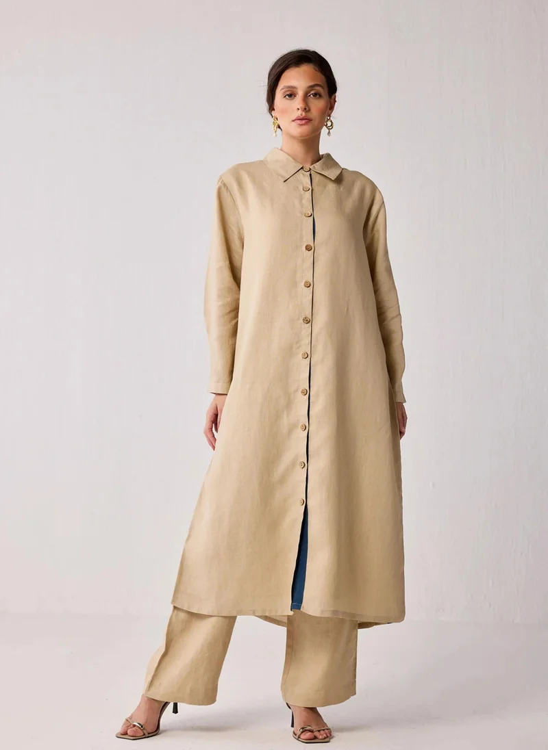 نور Oversized Hemp Shirt Dress With Front Buttons In Beige
