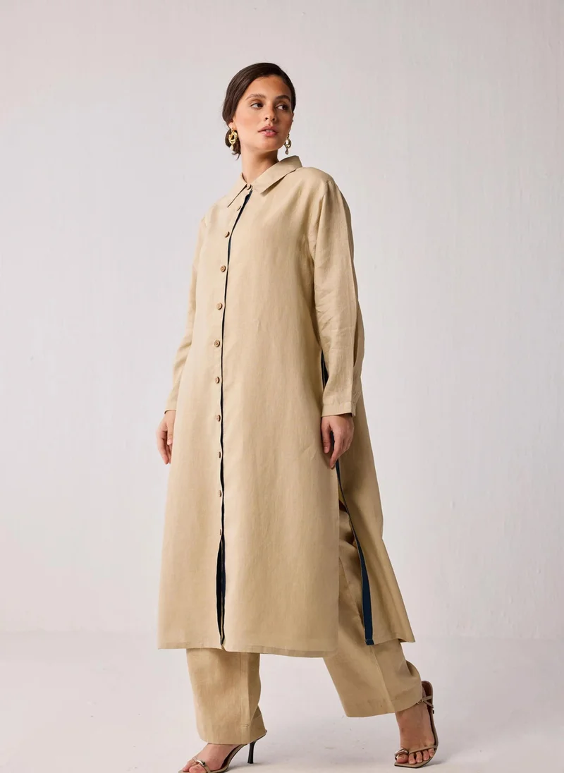 نور Oversized Hemp Shirt Dress With Front Buttons In Beige