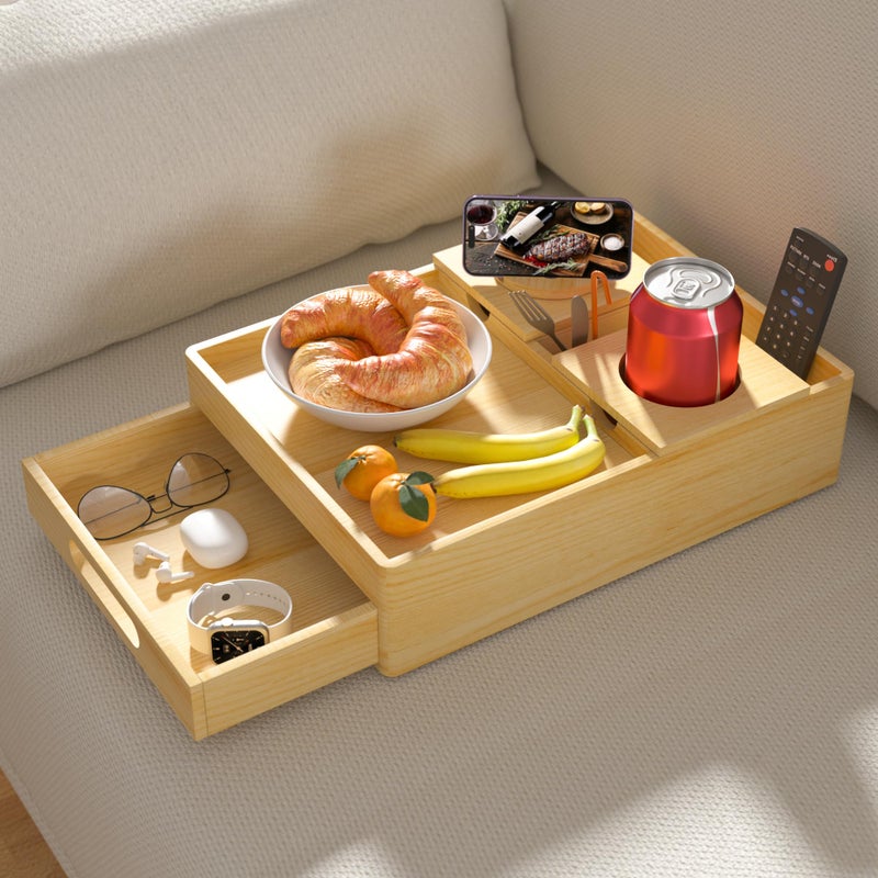 SouStoCol Couch Cup Holder, 7-in-1 Couch Caddy Tray, Sofa Side Table with Push-Pull Drawer to Organize and Store Small Objects, 360Â°Swivel Phone Holder, for Drinks, Cups, Snacks, Remote - Image 1