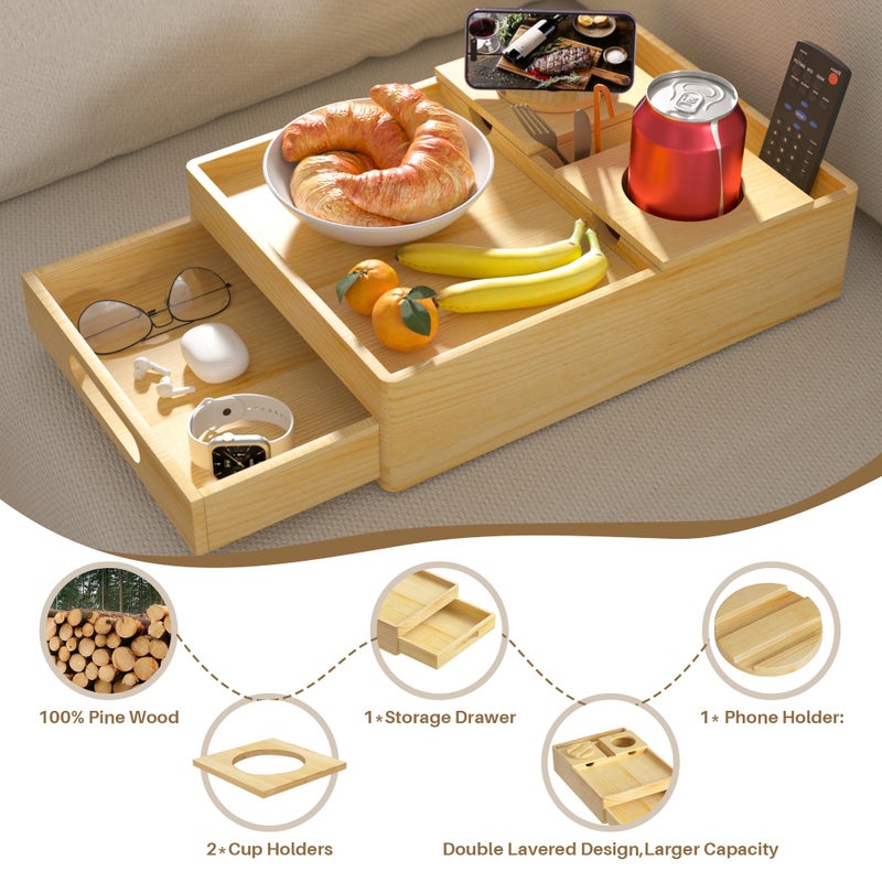 SouStoCol Couch Cup Holder, 7-in-1 Couch Caddy Tray, Sofa Side Table with Push-Pull Drawer to Organize and Store Small Objects, 360Â°Swivel Phone Holder, for Drinks, Cups, Snacks, Remote - Image 4