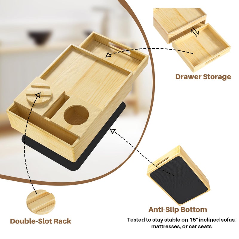 SouStoCol Couch Cup Holder, 7-in-1 Couch Caddy Tray, Sofa Side Table with Push-Pull Drawer to Organize and Store Small Objects, 360Â°Swivel Phone Holder, for Drinks, Cups, Snacks, Remote - Image 5