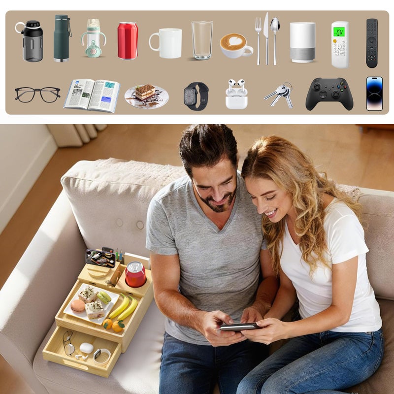SouStoCol Couch Cup Holder, 7-in-1 Couch Caddy Tray, Sofa Side Table with Push-Pull Drawer to Organize and Store Small Objects, 360Â°Swivel Phone Holder, for Drinks, Cups, Snacks, Remote - Image 3