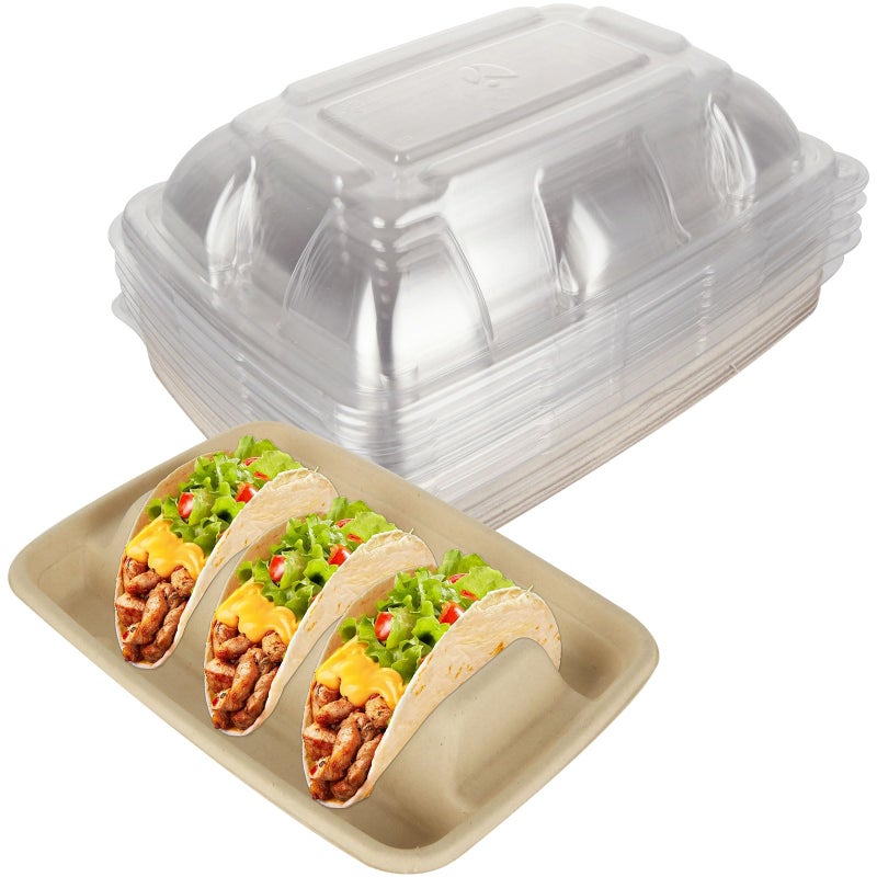 SENENQU 50PACK Disposable Taco Holders with Lid for Party, Premium Paper Taco Plates with Dividers, Fiesta Taco Tray Stands for 3 Tacos, Taco Tuesday Taco Bar Serving Set Holder for Party, Taco Bar - Image 1