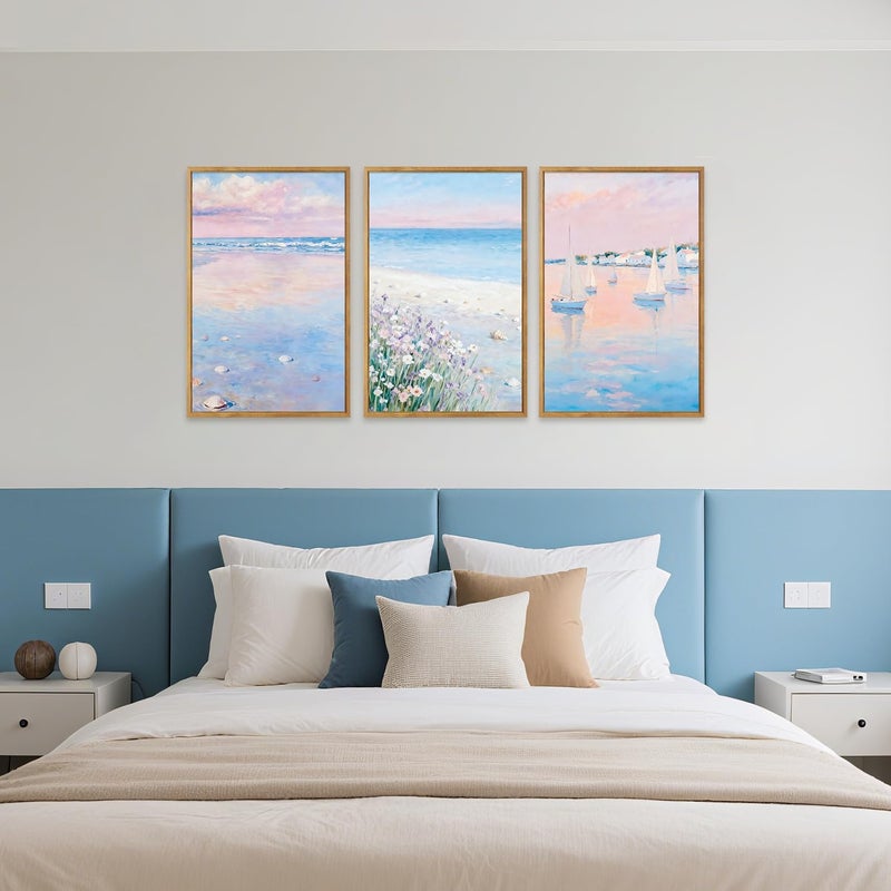 IARTTOP Framed Pink Beach Wall Art Set,Sea Landscape Canvas Poster Italy Coastal Sailboat Wall Decor,Beautiful Beach Pictures Pink Coastal Room Decor Ocean Seascape Art Prints for Living Room Bedroom Office-16â€x24â€x3 - Image 5