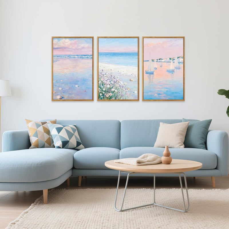 IARTTOP Framed Pink Beach Wall Art Set,Sea Landscape Canvas Poster Italy Coastal Sailboat Wall Decor,Beautiful Beach Pictures Pink Coastal Room Decor Ocean Seascape Art Prints for Living Room Bedroom Office-16â€x24â€x3 - Image 2