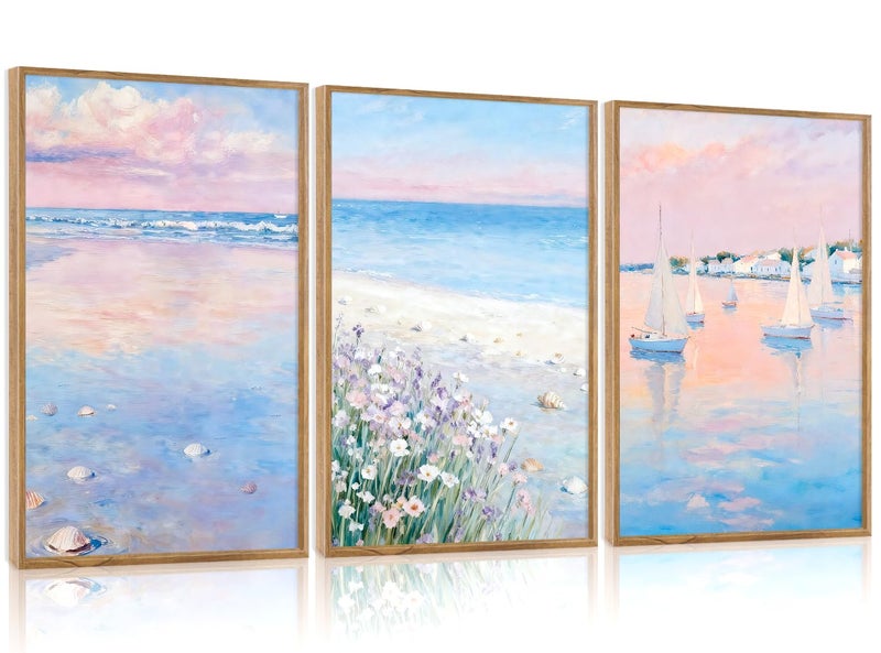 IARTTOP Framed Pink Beach Wall Art Set,Sea Landscape Canvas Poster Italy Coastal Sailboat Wall Decor,Beautiful Beach Pictures Pink Coastal Room Decor Ocean Seascape Art Prints for Living Room Bedroom Office-16â€x24â€x3 - Image 1