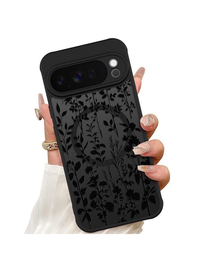 ZIYE Magnetic Case for Google Pixel 10 Pro 6.3 Inch [Compatible with MagSafe] Hard PC and Soft TPU Case with Black Floral Flowers Anti-Scratch Shockproof Protection Phone Cover for Women - Image 1