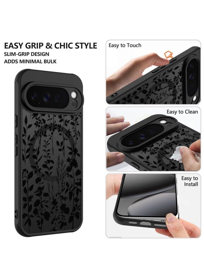 ZIYE Magnetic Case for Google Pixel 10 Pro 6.3 Inch [Compatible with MagSafe] Hard PC and Soft TPU Case with Black Floral Flowers Anti-Scratch Shockproof Protection Phone Cover for Women - Image 4