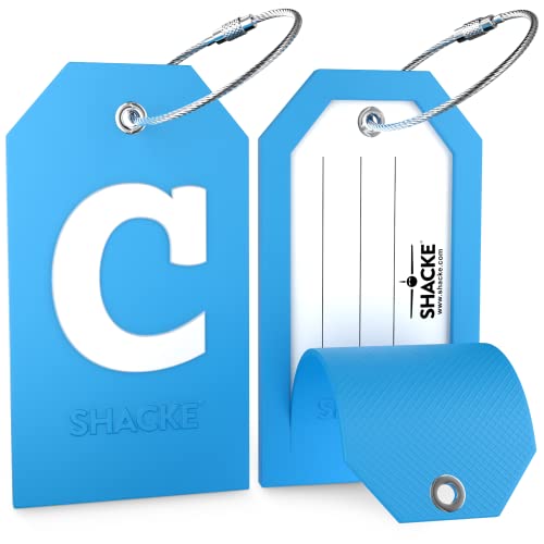 Shacke Initial Luggage Tag with Full Privacy Cover and Stainless Steel Loop (Aqua Teal) (Letter C) - Image 2