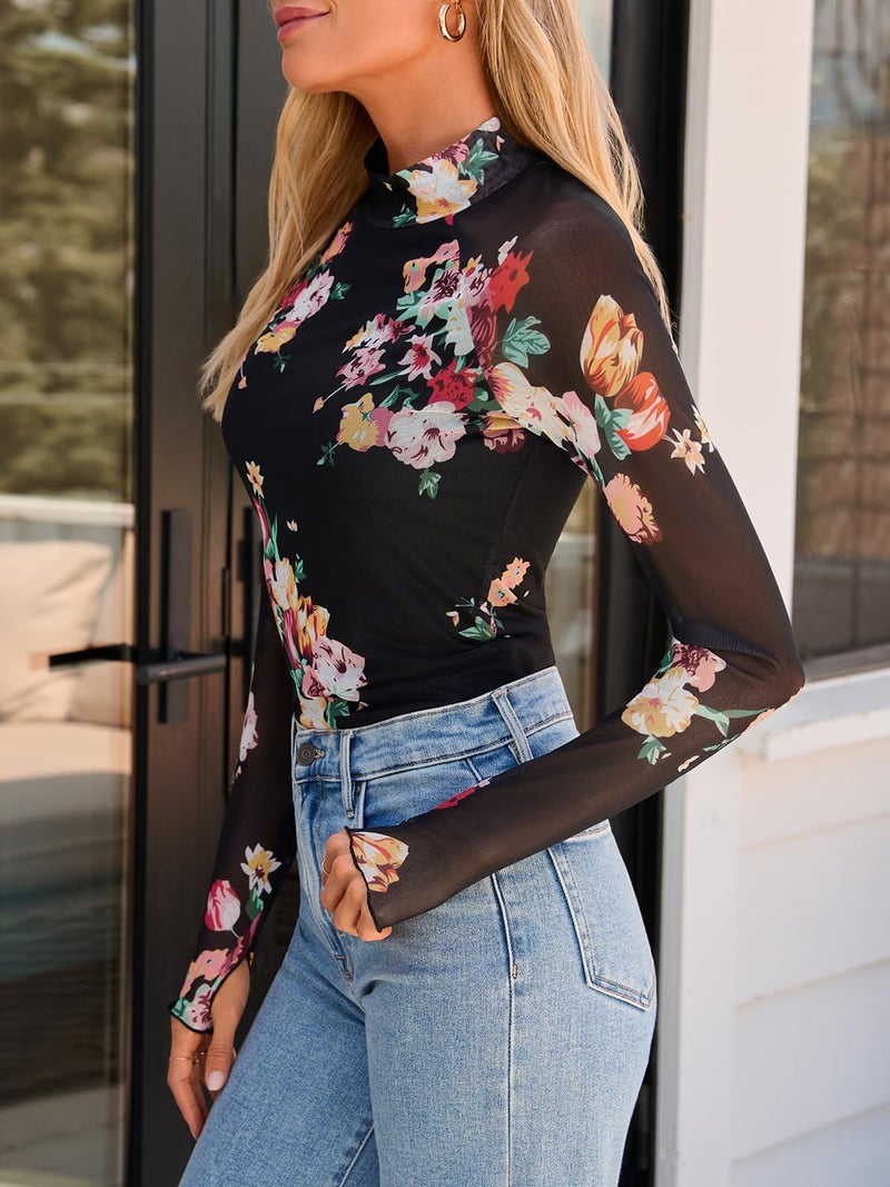 Dealmore Lace Sheer Floral Mesh Mockneck Going Out Tops for Women Fall Fashion Spring Outfits 2026 Clothes Floral Black M - Image 3