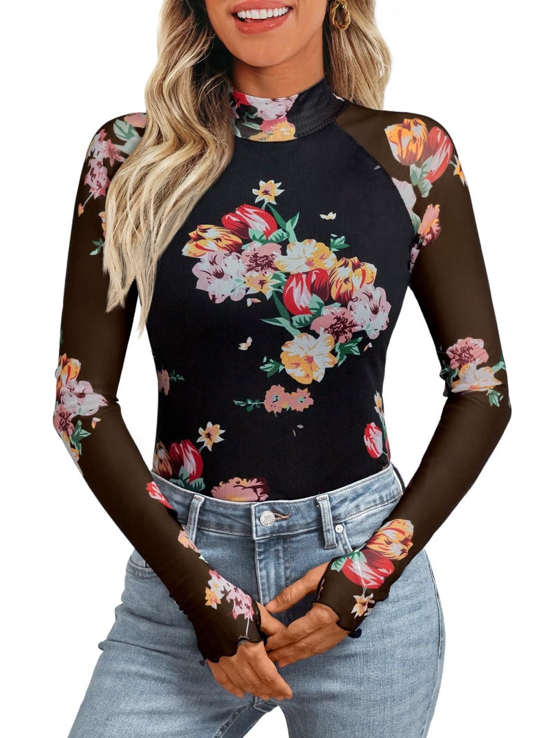 Dealmore Lace Sheer Floral Mesh Mockneck Going Out Tops for Women Fall Fashion Spring Outfits 2026 Clothes Floral Black M - Image 1