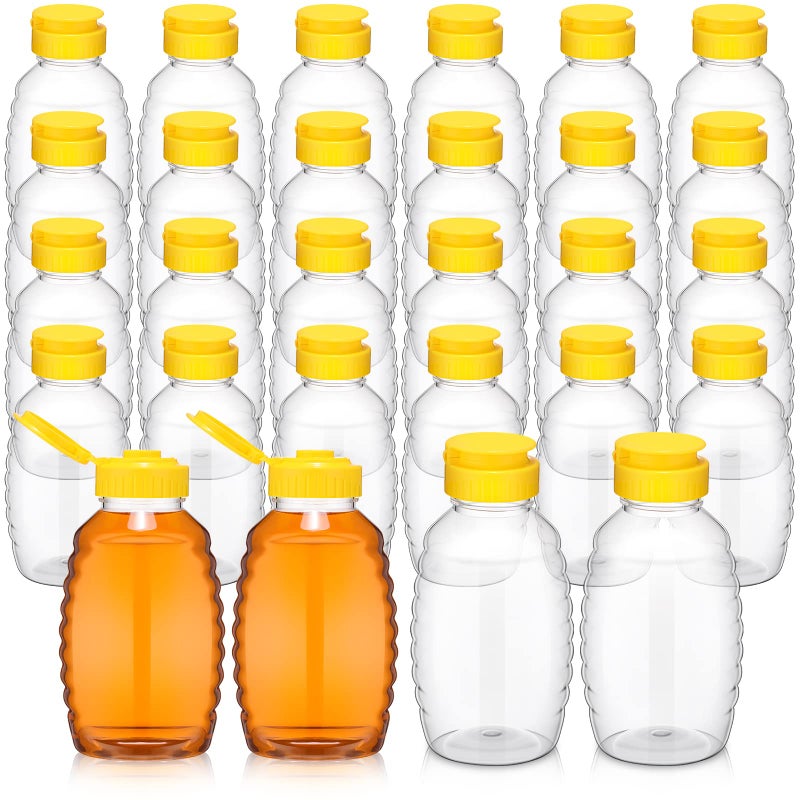 24 Pcs Clear Plastic Honey Bottles Plastic Skep Style Jar Honey Squeeze Bottle Empty Refillable Honey Dispenser with Flip Top Lids Leak Proof Honey Containers Holders for Storing and Dispensing 12oz